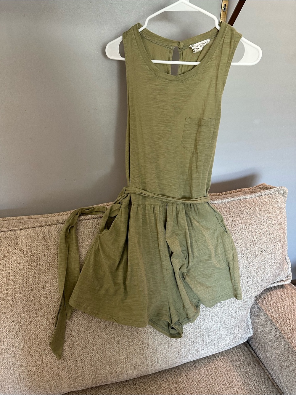 Love Riche Olive Green Sleeveless One-Piece Romper with Tie Waist 100% Cotton